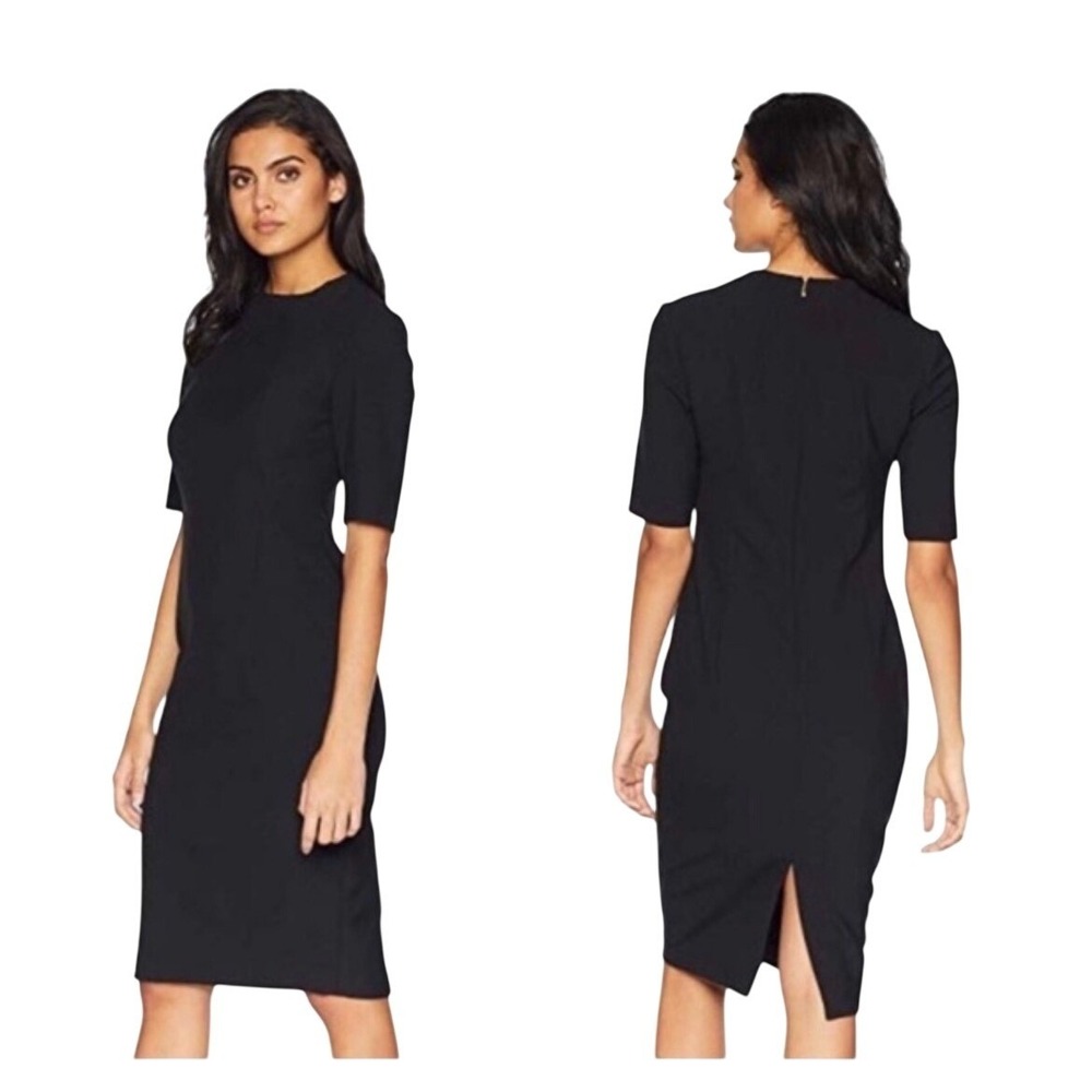 New Trina Turk Sheath Dress Women 8 Black New Short Sleeve Midi Professional LBD